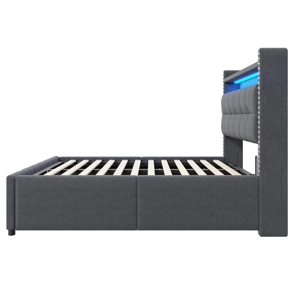 LETTO imbottito 140x200 cm in tessuto grigio con LED, USB e contenitore