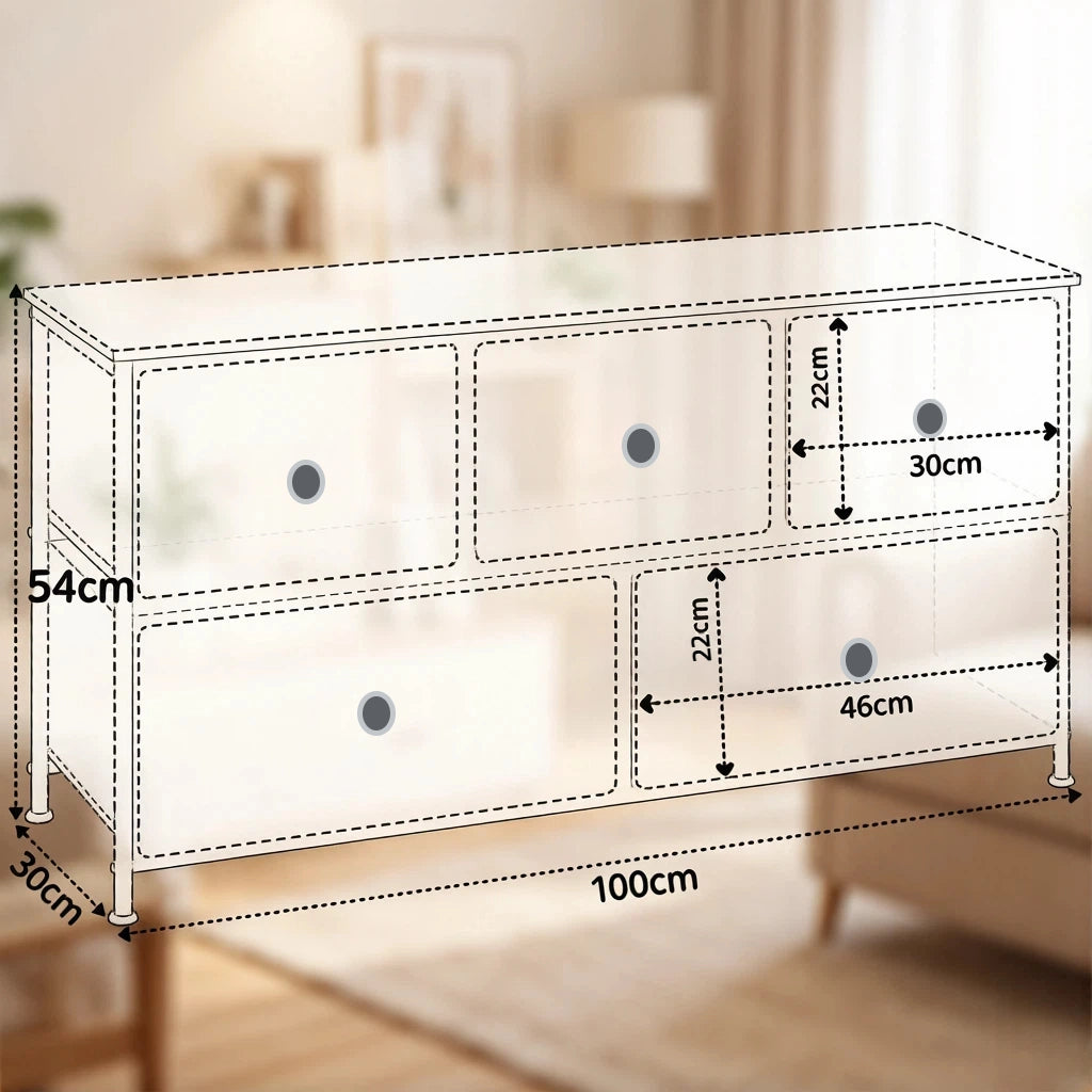 Flurschrank mit 5 Stoffschubladen e piedini regolabili in metallo; MDF e tessuto a motivo floreale 100 × 54 × 30 cm