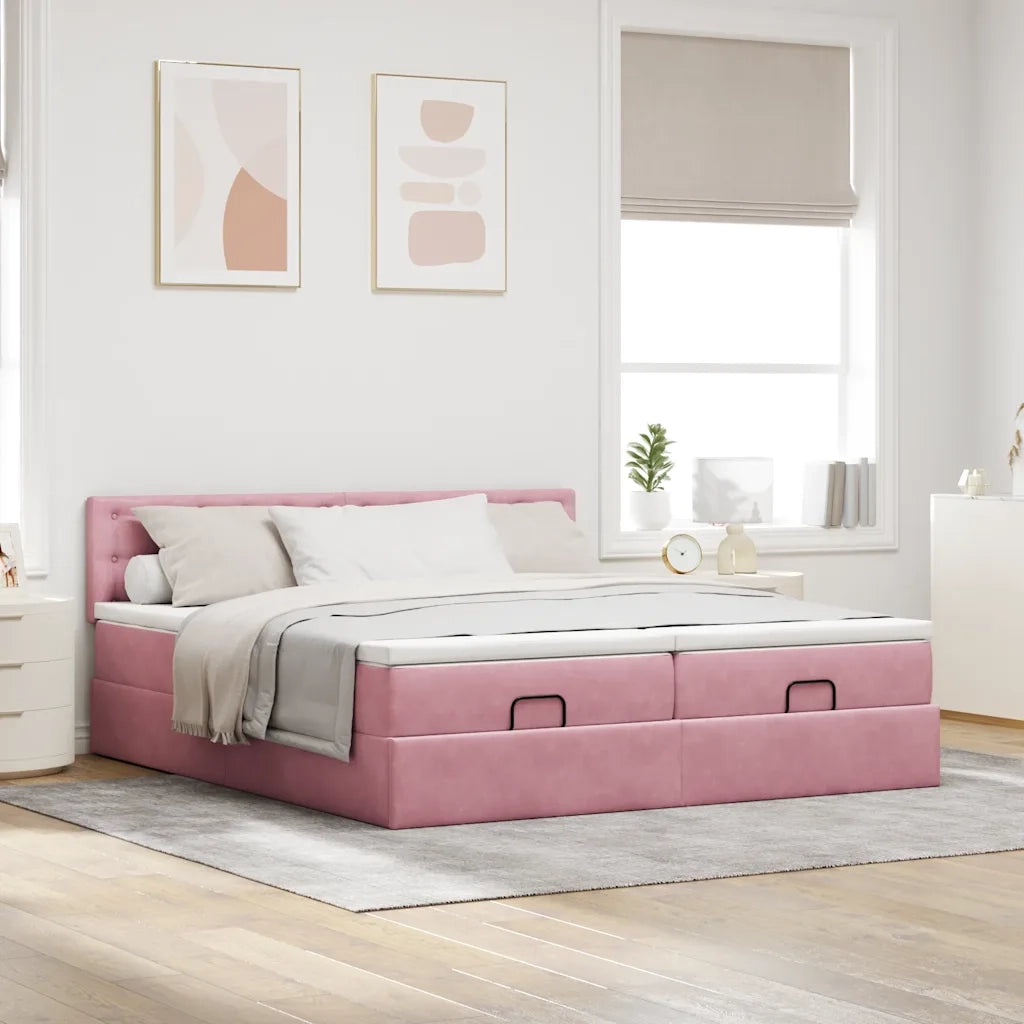 Struttura Letto Pouf con Materassi Rosa 180x200 cm Velluto