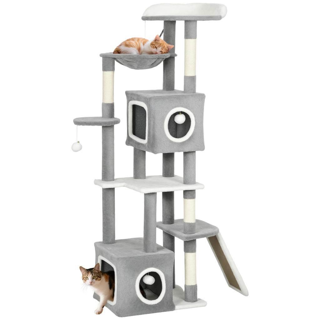 Arbre ¨¤ chat con 2 nicchie, piattaforme, amaca, scala e 4 pompon ¨C zephmum ¨C 165 cm grigio