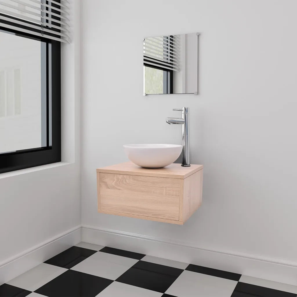 Set Mobili da Bagno 4 pz con Lavabo e Rubinetto-Armadietto da bagno Beige