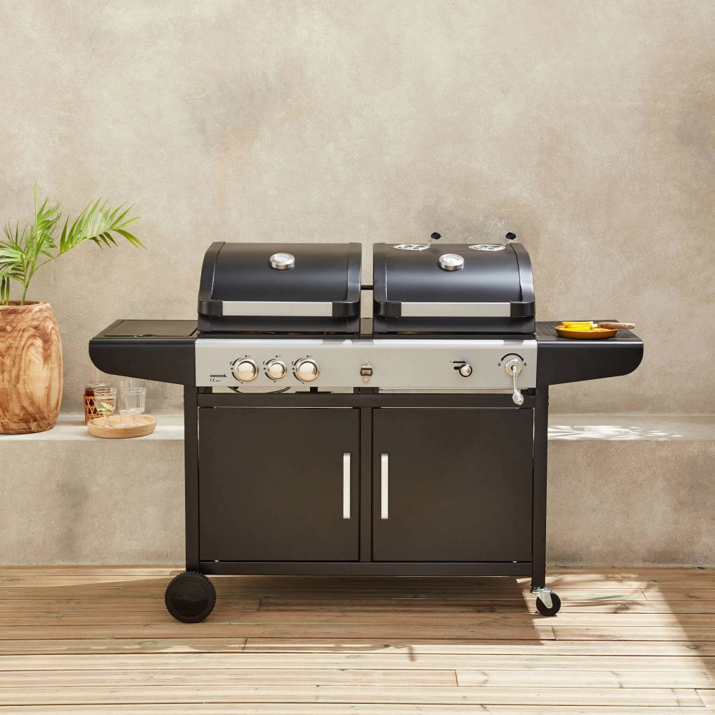 Barbecue a gas 2 in 1, 3 bruciatori + 1 fuoco laterale, nero