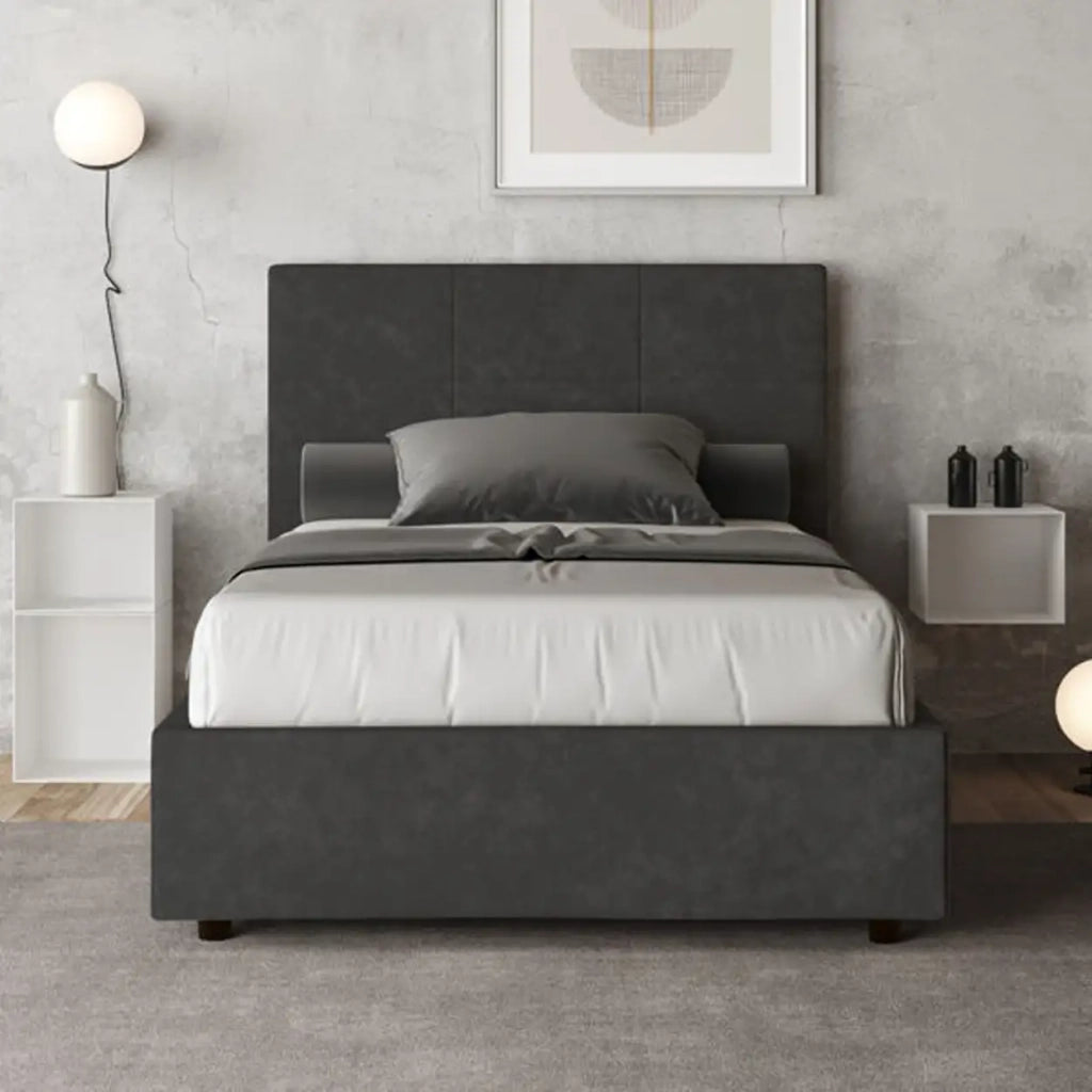 Letto una piazza e mezza contenitore imbottito 120x190 microfibra grigio Mika