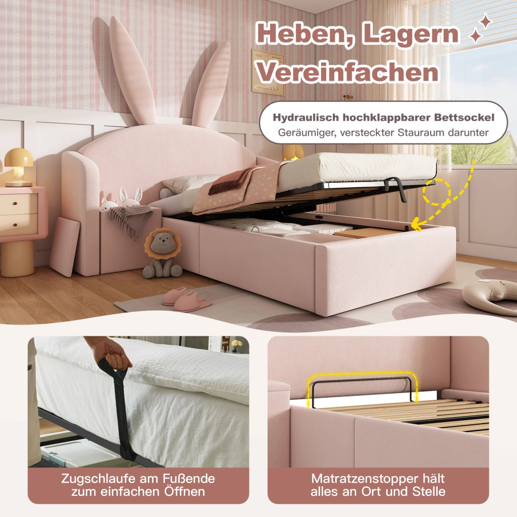 LETTO imbottito 90x200 cm Rosa in velluto con comodino laterale e contenitore
