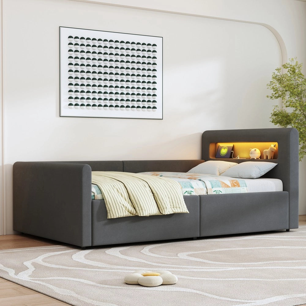 Letto Singolo Imbottito con LED, USB e Contenitore Idraulico ¨C MINIMAL ¨C Velluto Grigio Scuro 90x200