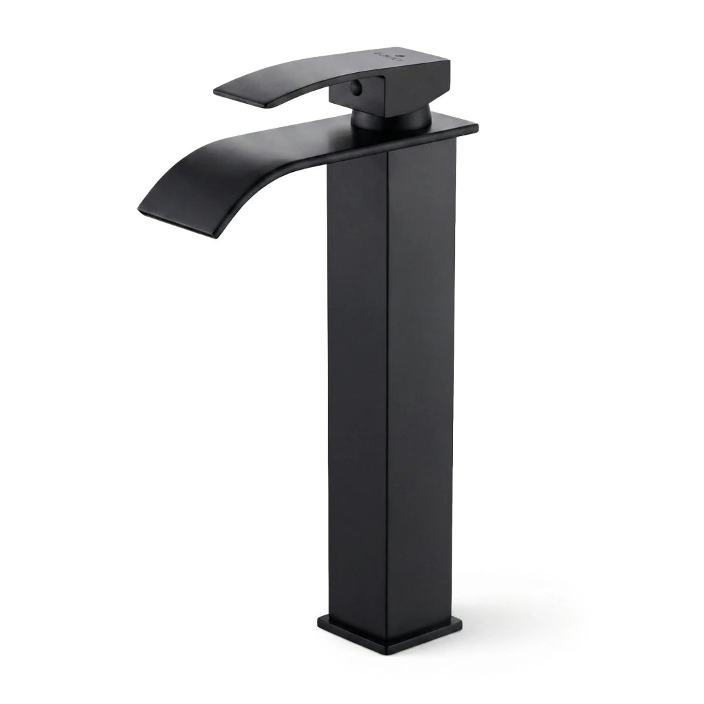 Rubinetto lavabo alto a cascata nero da appoggio miscelatore bagno EVIO