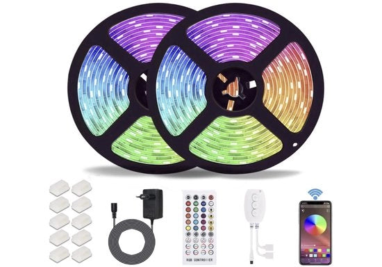 Strisce LED Bluetooth, 10M (2x5m) 32,8 Ft impermeabili IP65 RGB 5050 Strisce LED con controller Bluetooth intelligente + 40 comandi telecomando + alimentatore 12V per casa, giardino, decorazione