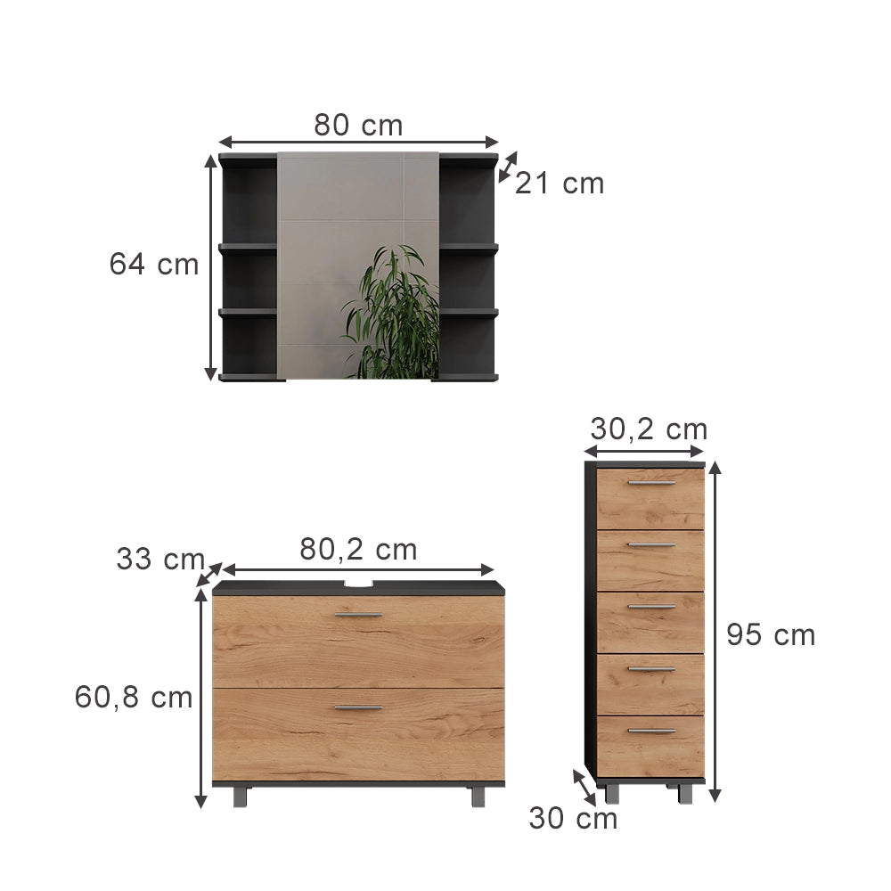 Vicco Set di mobili da bagno Quercia dorata/antracite 3 parti, con base 80 cm
