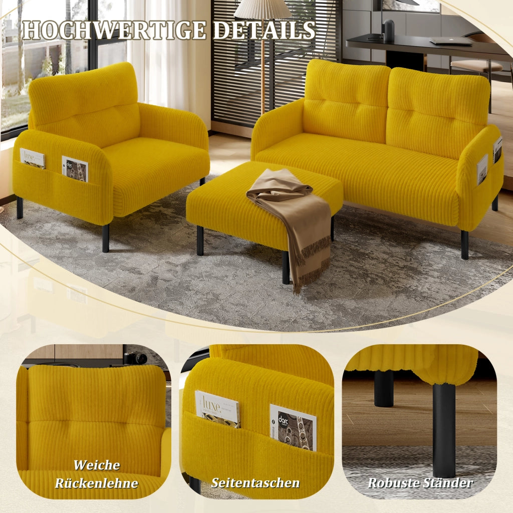 OKWISH Set da 3 Pezzi con Divano 2 Posti, Poltrona e Poggiapiedi, con Tasca Laterale, Velluto a Coste Giallo
