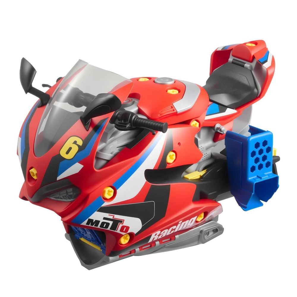 Giocattolo Motore Moto 25 Pezzi Parti Rimovibili Luci Suoni Guida Pista Officina Meccanica Rosso