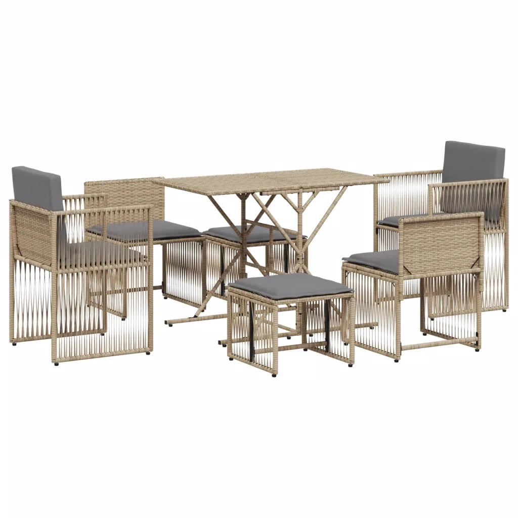 Set da Pranzo da Giardino 7 pz con Cuscini Beige in Polyrattan 369012