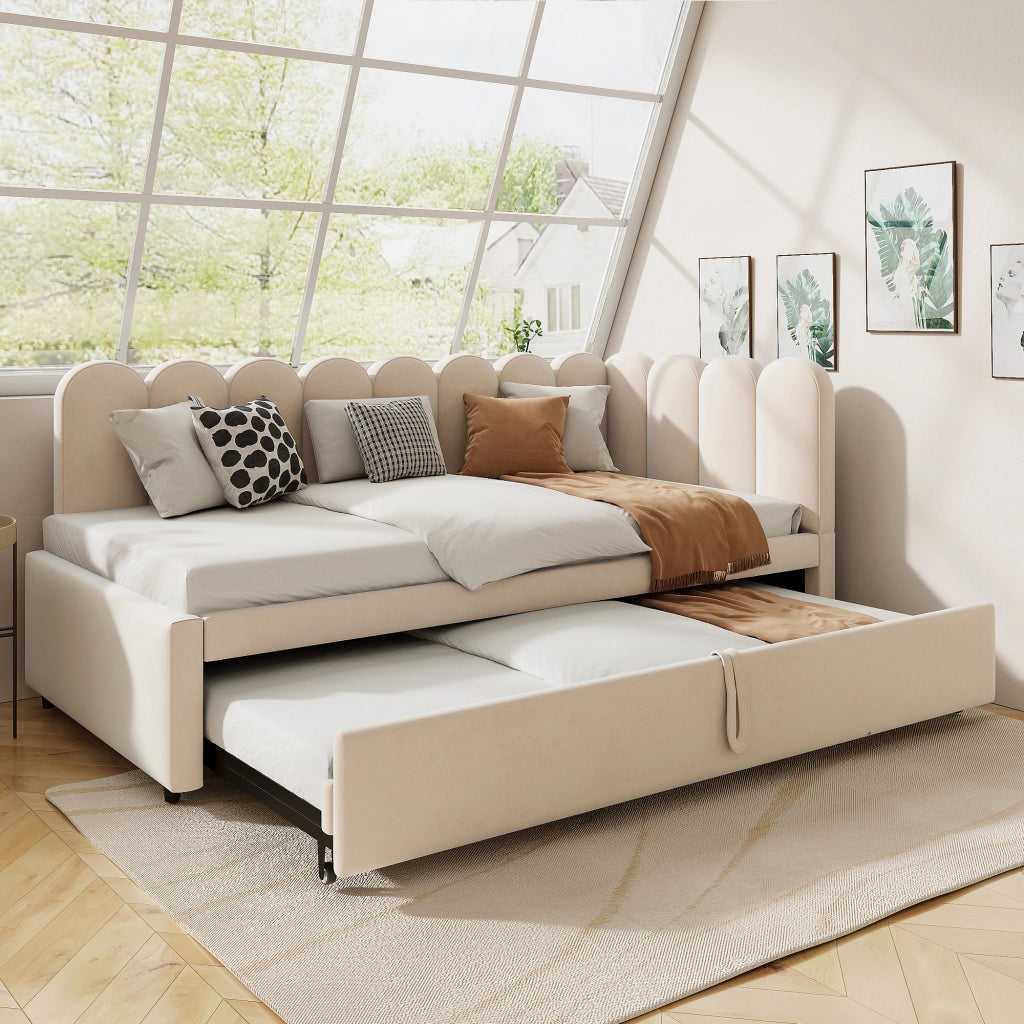 LETTO DIVANO L-Form 90x200 cm Beige in Velluto