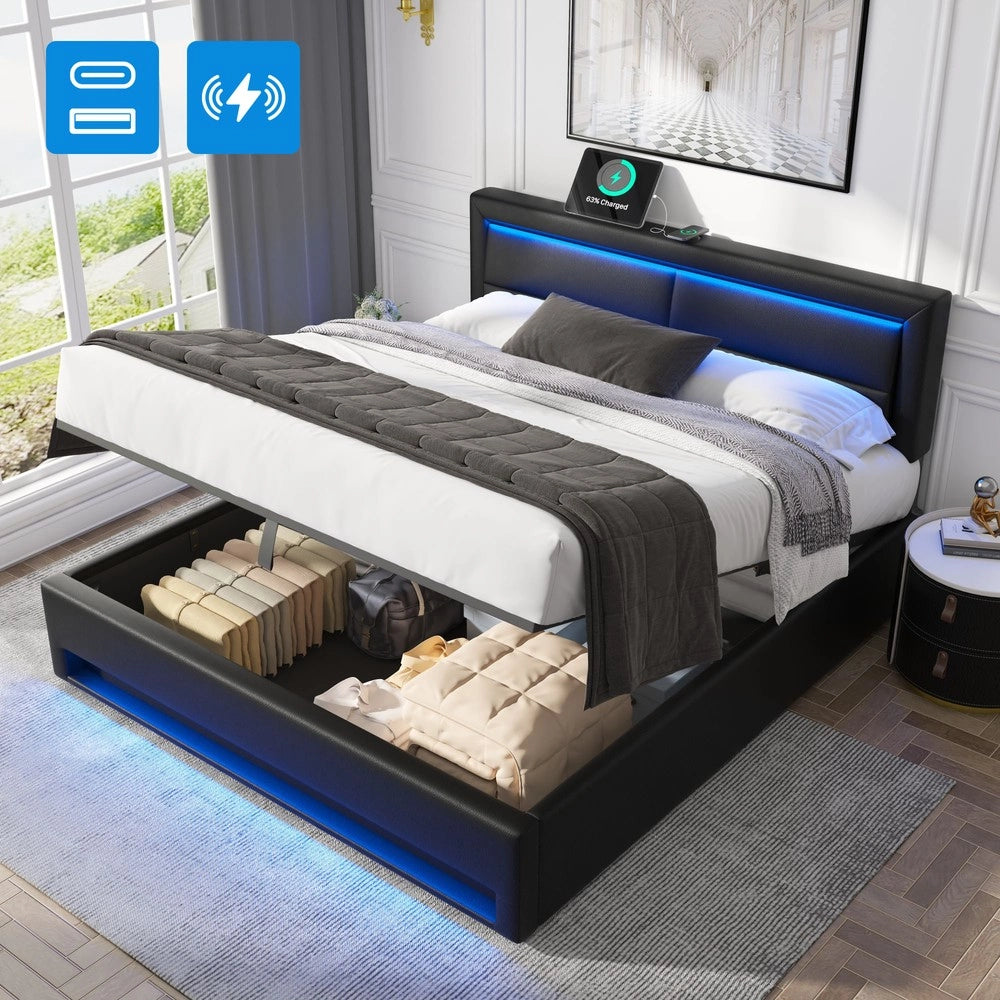 Letto Imbottito con LED e Contenitore ¨C MINIMAL ¨C 140x200, USB, Similpelle Nera