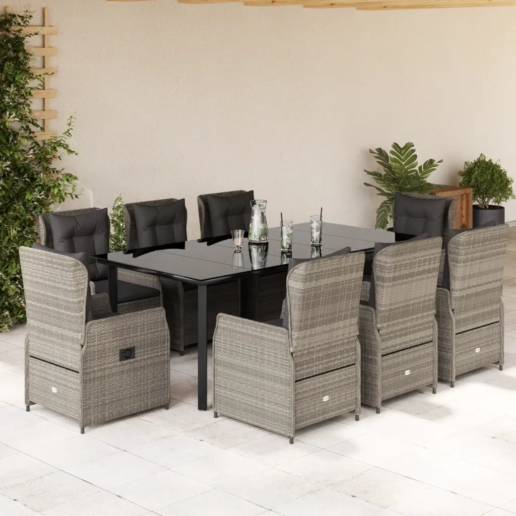 Set Pranzo da Giardino 9pz con Cuscini Grigio Chiaro Polyrattan 3262909
