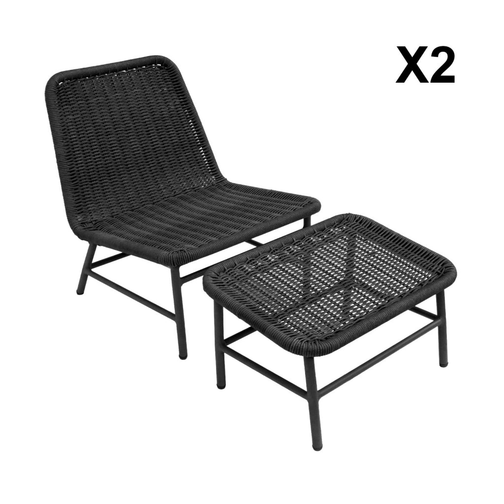Set 2 poltrone da giardino con poggiapiedi in alluminio e corda,