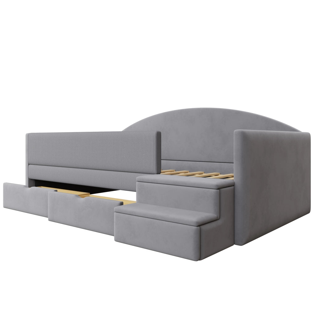 LETTO imbottito 90x190 cm in velluto grigio acqua con cassetti e scale