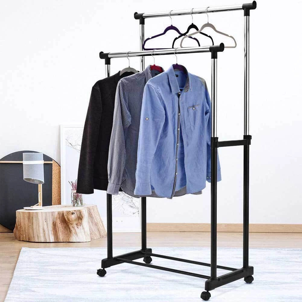 Stand Appendiabiti Doppio con Ruote Stender Regolabile in Altezza 80x40x160cm