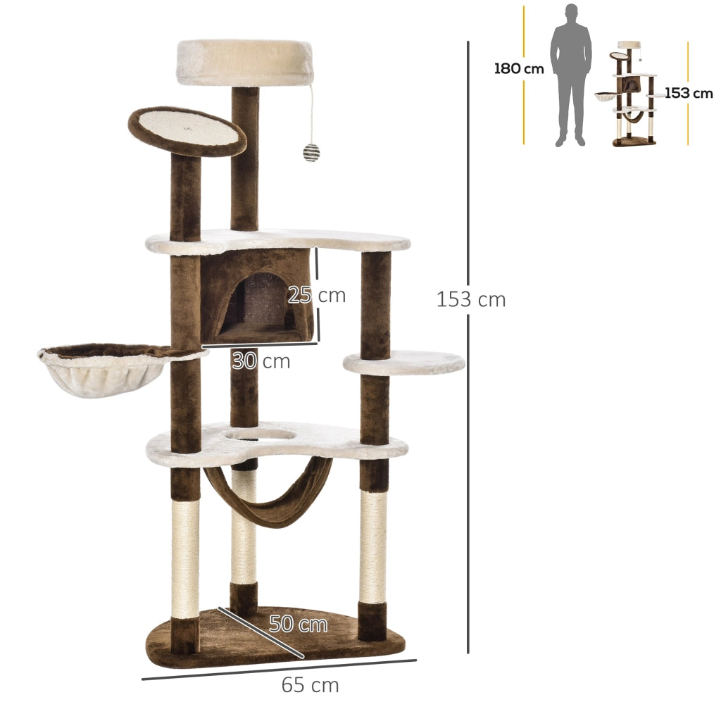 Torre per Gatti Grande con Piattaforme, Amaca e Cuscini ¨C Minimal ¨C Marrone 65x50x153 cm