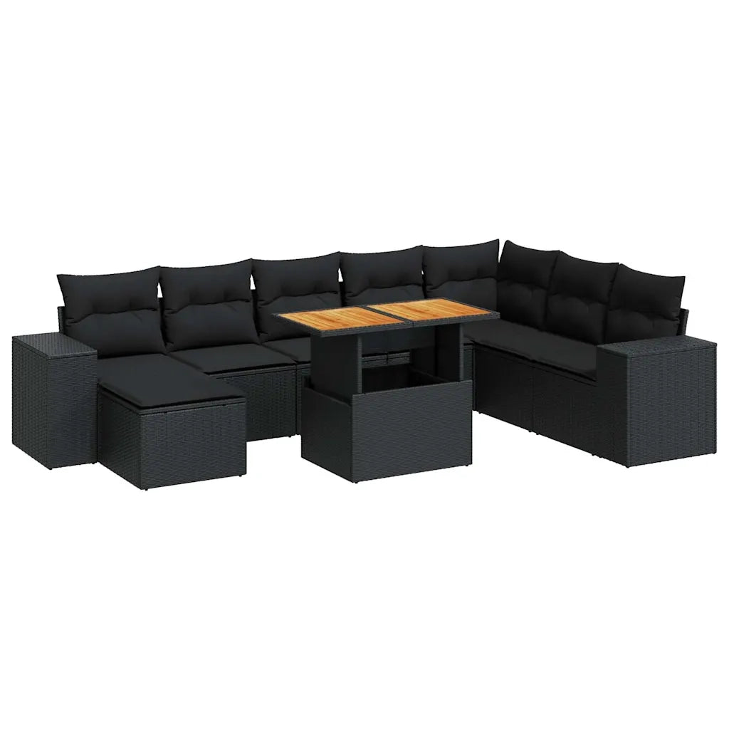 Set Divani da Giardino 9 pz con Cuscini Nero Polyrattan Acacia 3327408