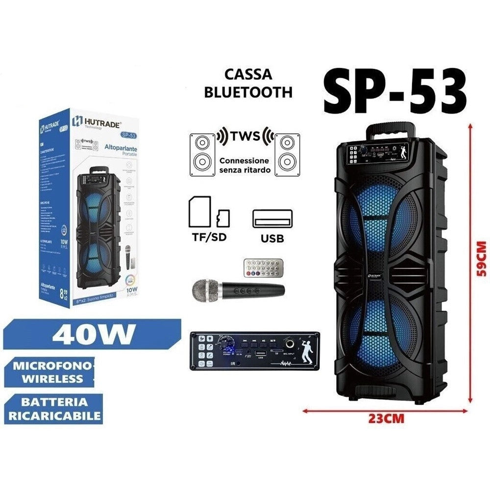 Trade Shop - Cassa Amplificata Sp-53 40w Karaoke Bluetooth Con Microfono Portatile Wireless Trolley -