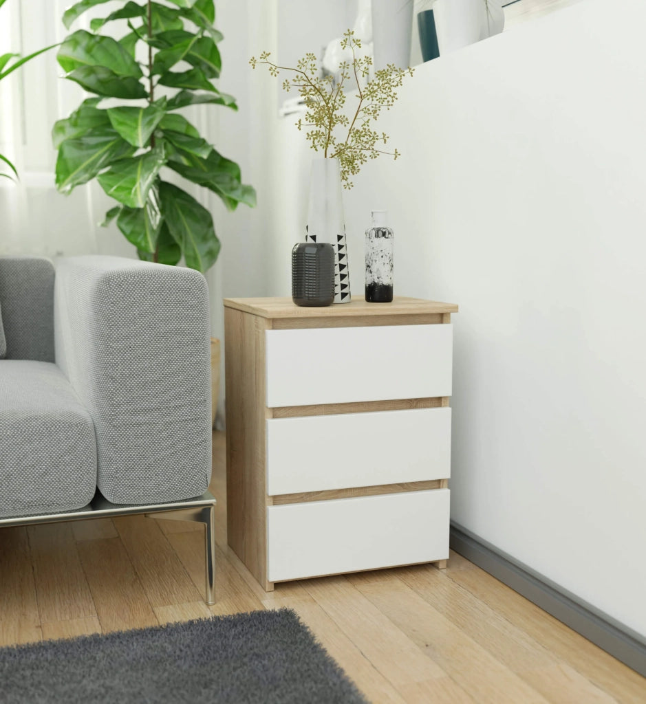 Comodino AKORD CL3 Sonoma Quercia 40 cm 3 cassetti inserto frontale Bianco 40x35x57 cm