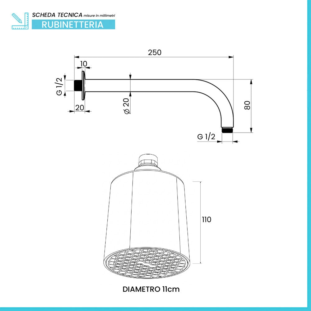 Set doccia cromo con braccio 25 cm e soffione in abs design tondo