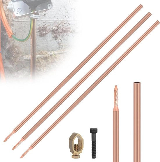 Tre pezzi di palo di terra 1 m - Aarding - Acciaio di carbonio - Rivestimento di rame rosso - 172 mm di diametro