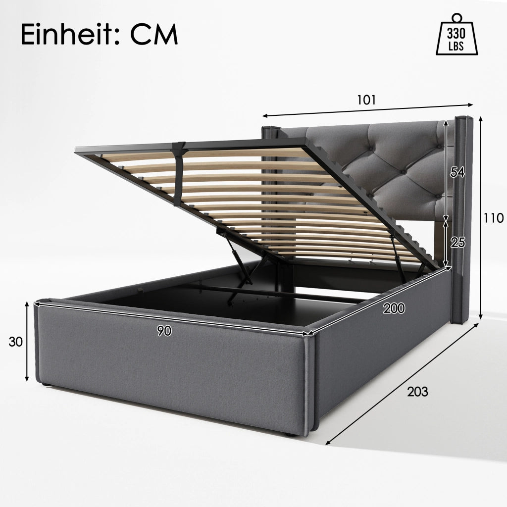 LETTO Imbottito con contenitore 90x200 cm Cotone Grigio