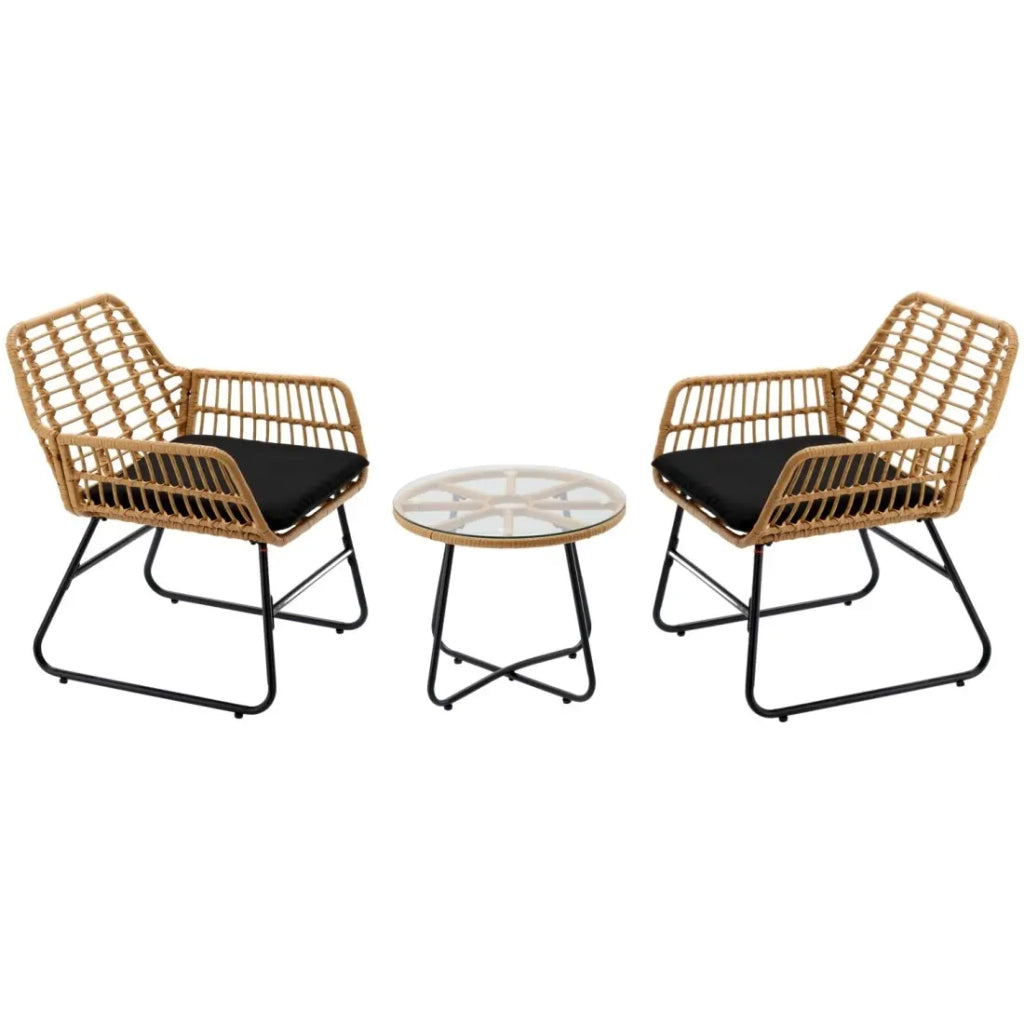 Set da giardino HAVENA 2 posti in rattan marrone con cuscini neri e tavolino