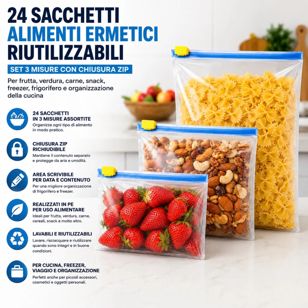 24 Sacchetti Alimenti Riutilizzabili Zip 3 Misure Freezer Frigo 69714