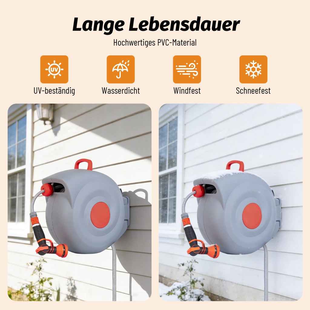 Avvolgitubo da Giardino 30m con Testa Spray 9 Funzioni ¨C MINIMAL ¨C Parete, Antirugine, Resistente UV
