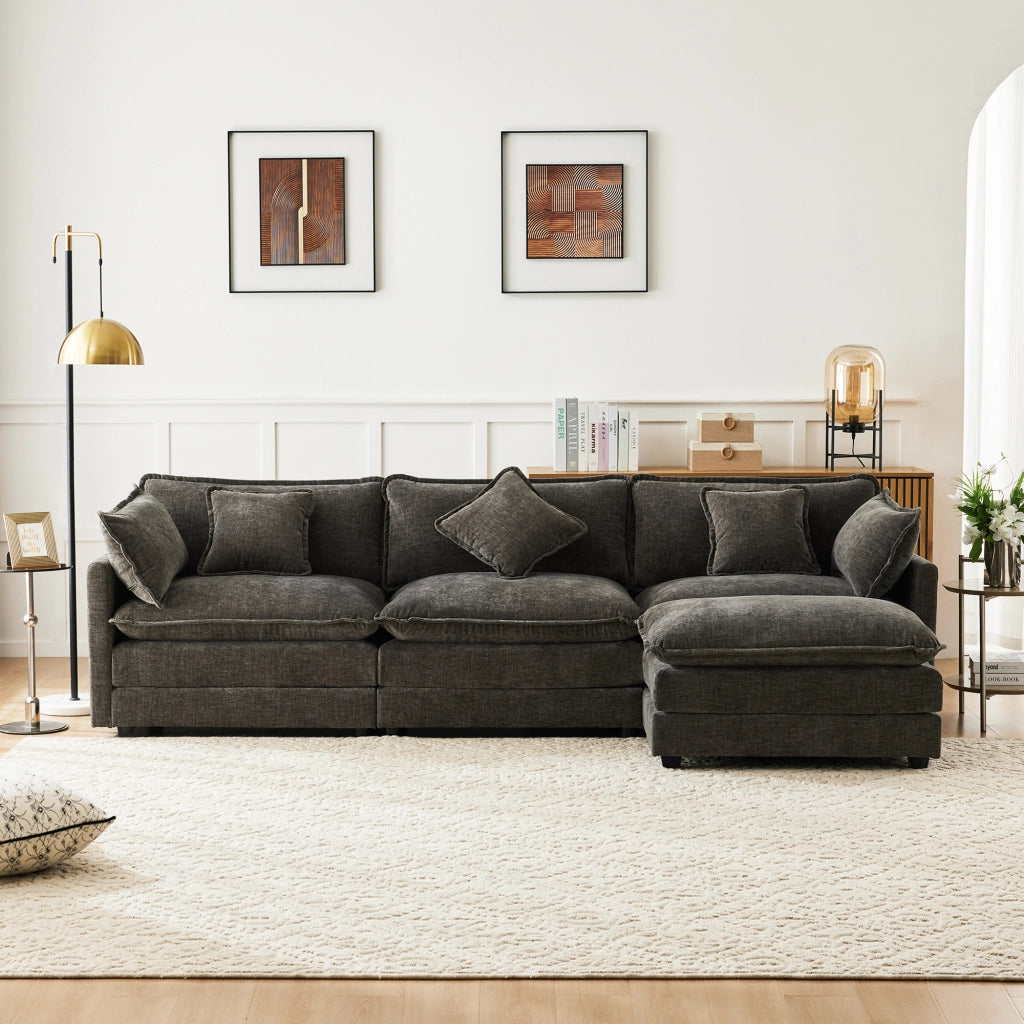 Divano angolare L moderno - Zephmum - Tessuto chenille, tre posti con poggiapiedi, Grigio