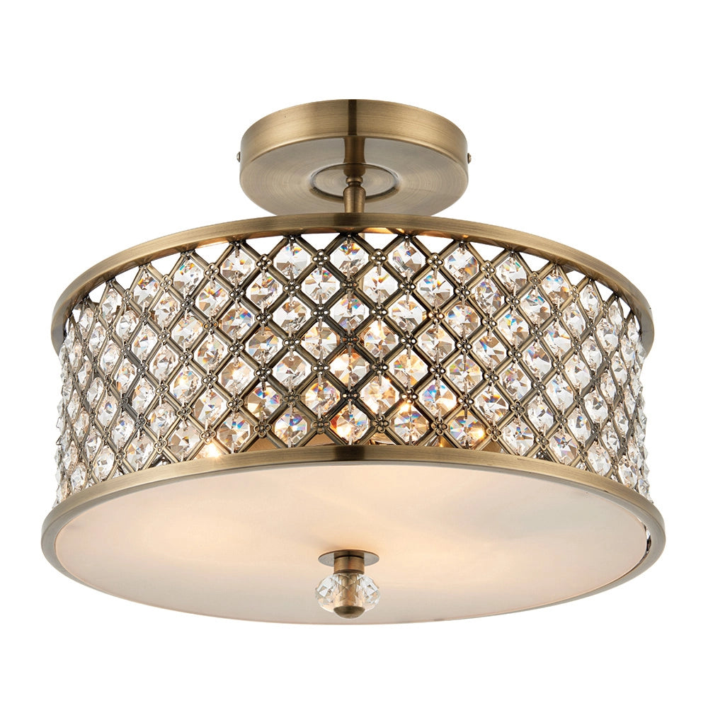 Plafoniera Hudson Endon ottone anticato cristalli tonda 3xE27