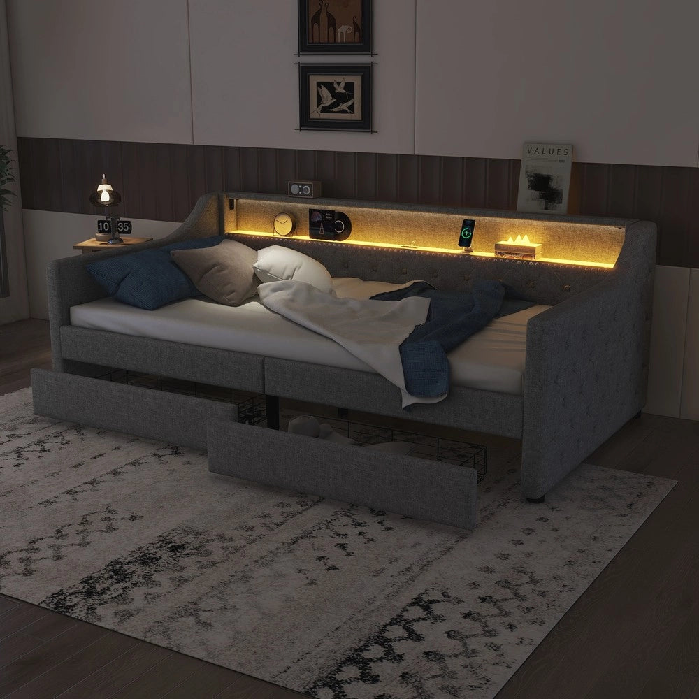 Letto Singolo Divano con Doghe e Cassetti ¨C MINIMAL ¨C Grigio, LED, 90x200