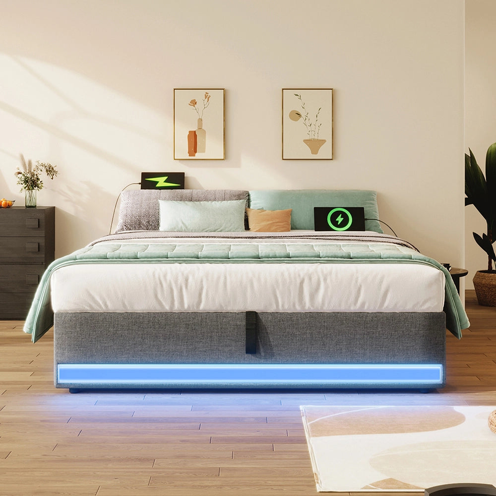 Letto contenitore - Xylo - 140x200 cm LED USB grigio