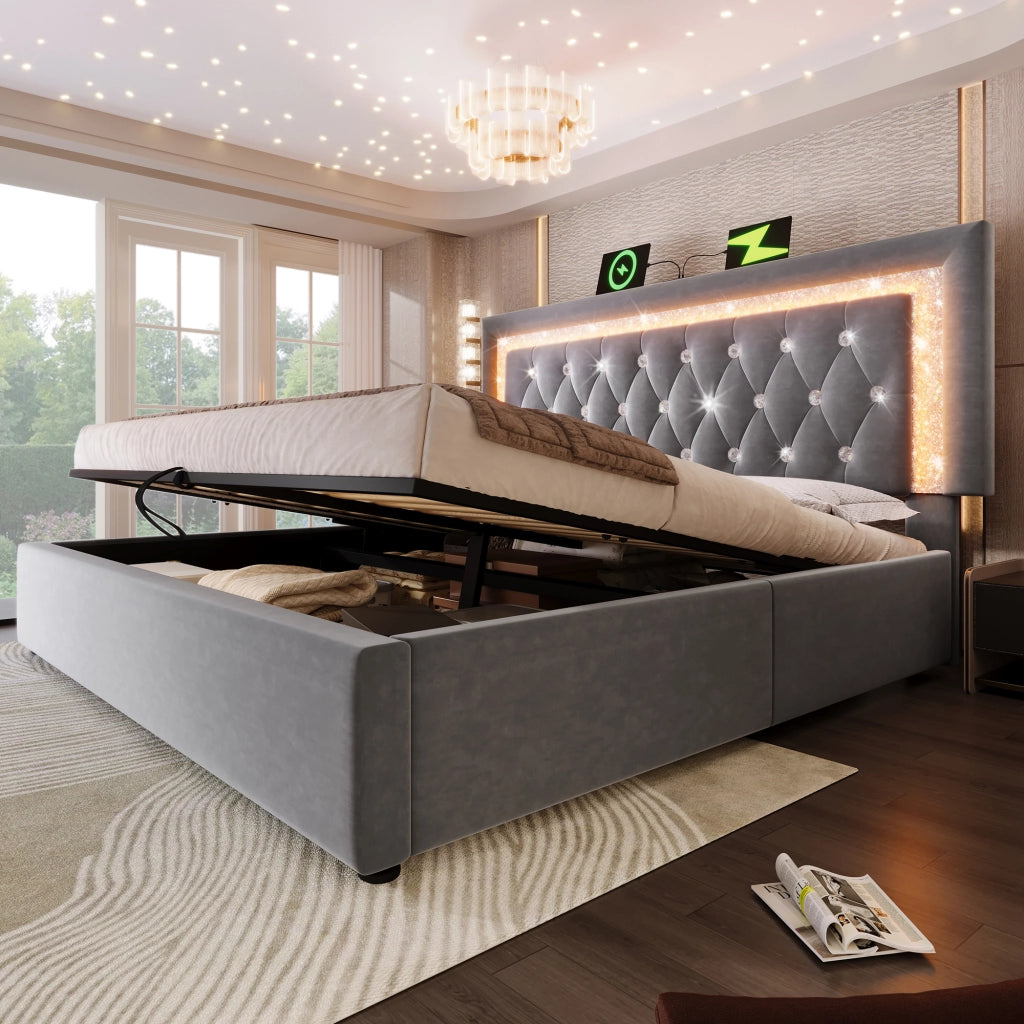 LETTO 180x200 cm in Velluto Grigio con contenitore, LED, USB e USB-C