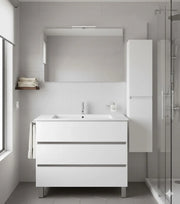 Mobile Bagno BALDER Già Montato 3 cassetti con piedini, lavabo e specchio Bianco lucido 100x45 cm con colonna