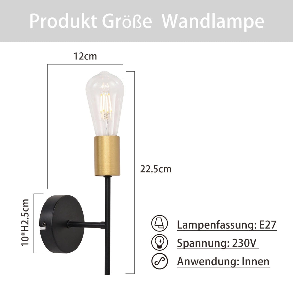 ZMH Applique da parete per interni 2ER nero oro E27 lampada industriale da corridoio retrò per scale