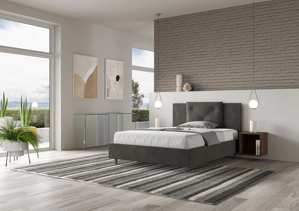 BS COM Letto una piazza e mezza con rete imbottito 130x210 microfibra grigio