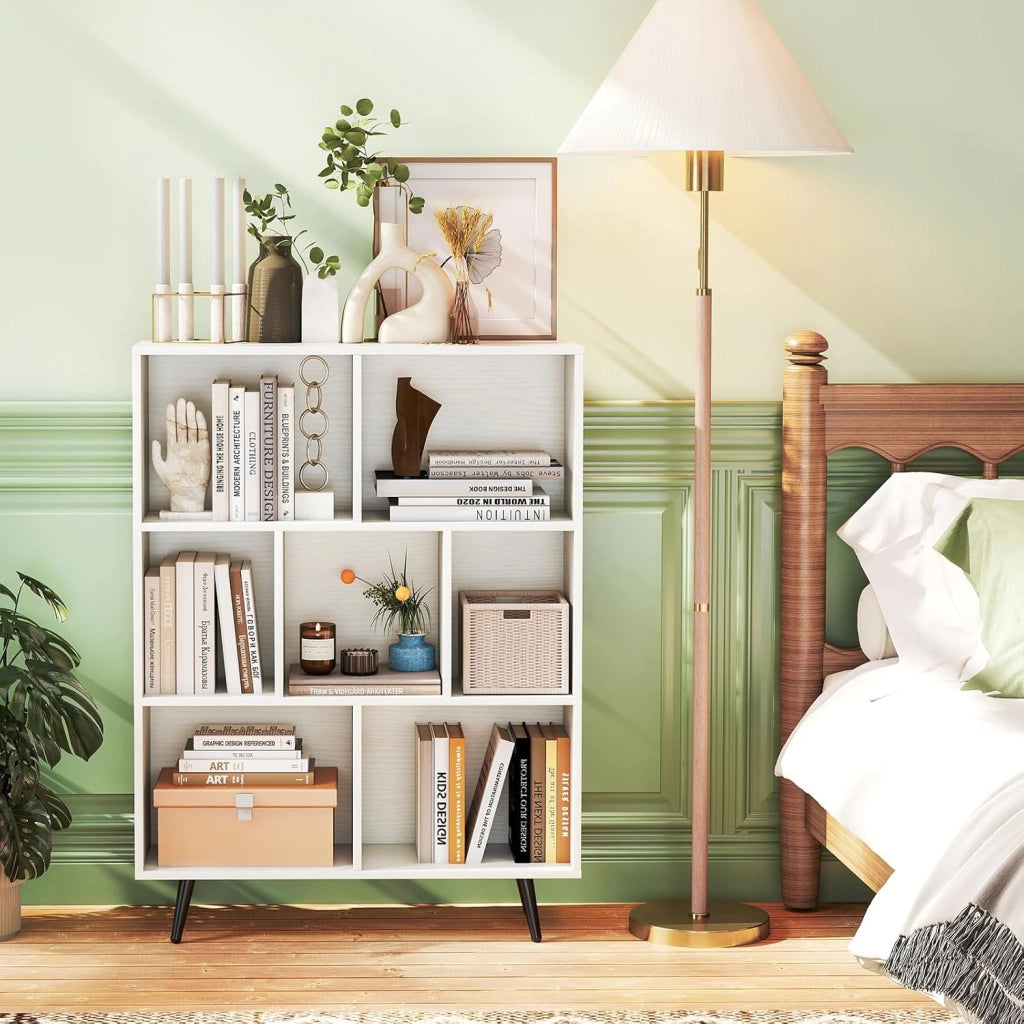 Libreria a 7 Cubi, Organizzatore di Stoccaggio Moderno con 4 Gambe di Metallo, Scaffale per Esposizione con 2 Kit Anti-Ribaltamento per Soggiorno Studio Camera da Letto, Bianco (80x24x107cm)