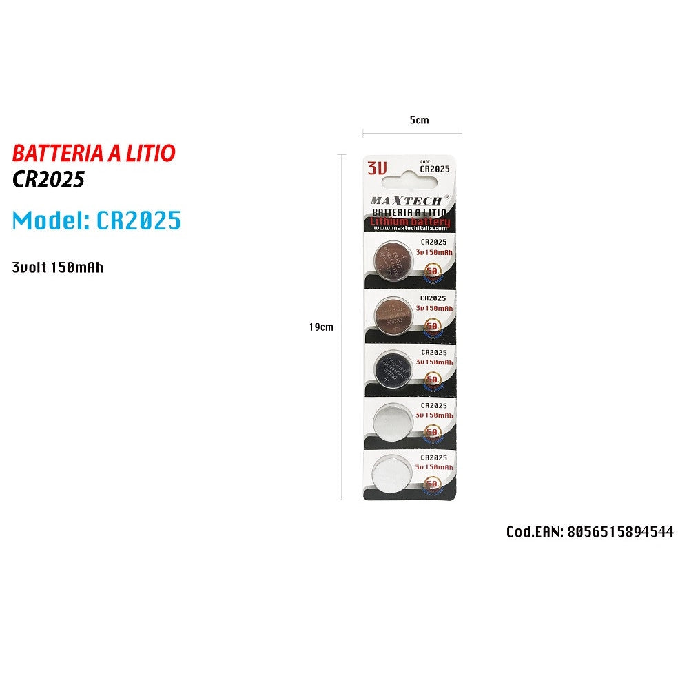 Trade Shop - 5 Batterie A Litio Pile Cr2025 3v 150mah A Bottone Per Orologi Telecomandi Maxtech -