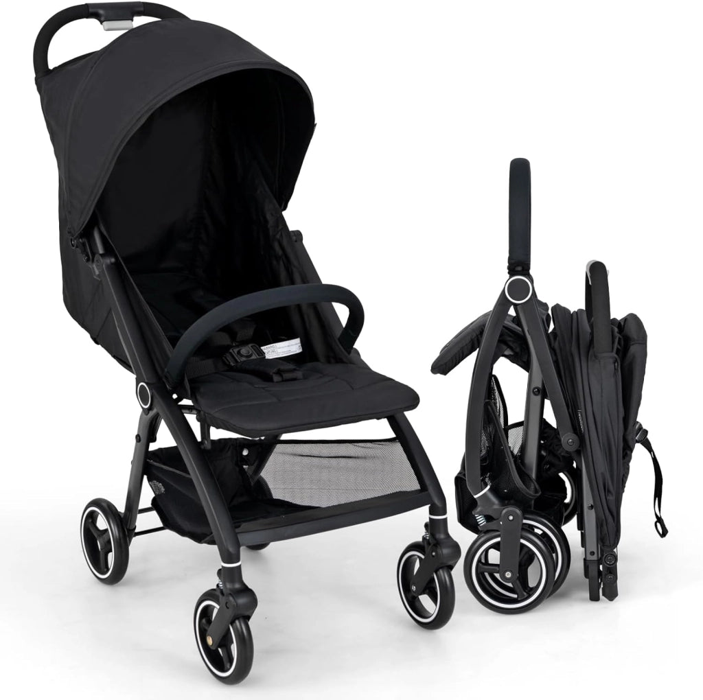 Passeggino Leggero per Bambini, Passeggino Pieghevole con Schienale Regolabile, Tettuccio, Cintura di Sicurezza a 5 Punti, Cestello Portaoggetti, per Bambini 0-36 Mesi (Nero)