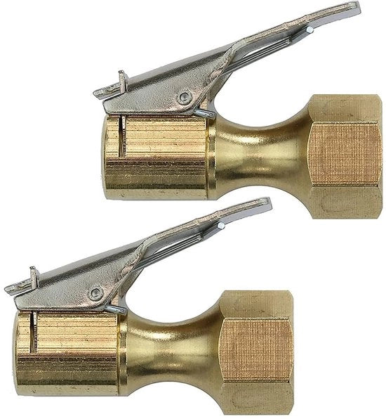 Fissaggio a clip per tubi - 2 pezzi - costruzione in ottone - chiusura a clip - 1/4 pollici femmina NPT - progetto di flusso aperto - adatto per inflatore di pneumatici - pompa per pneumatici