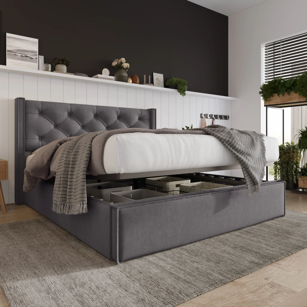 LETTO Imbottito 140x200 cm Grigio con contenitore e rete sollevabile