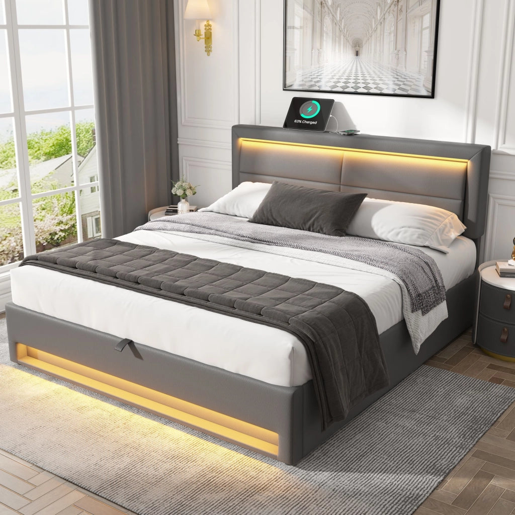 LETTO imbottito multifunzionale 140x190 cm PU grigio con USB, LED e contenitore