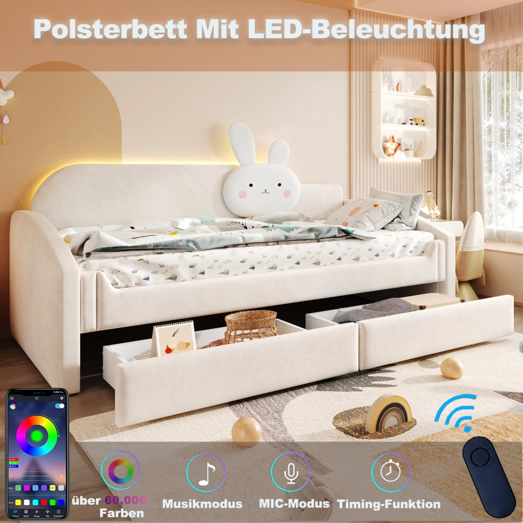 LETTO SOFA 90x200 cm in velluto beige con LED e 2 cassetti