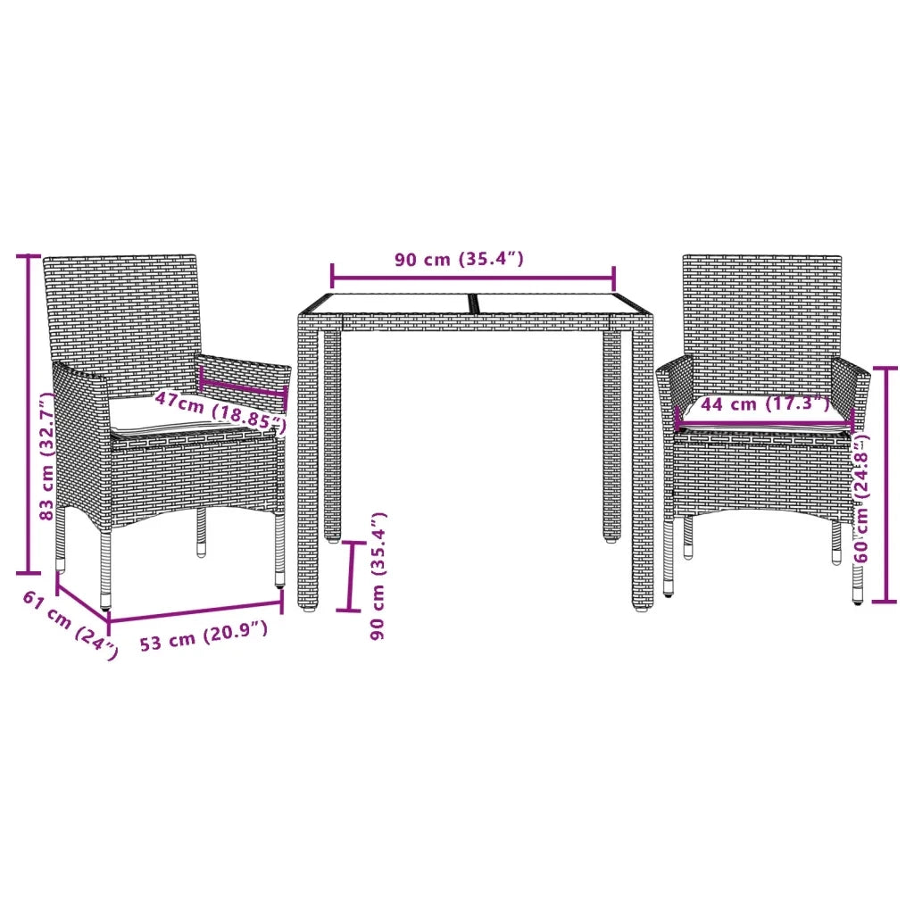 Set da Pranzo da Giardino 3pz con Cuscini in Polyrattan e Vetro 3278555