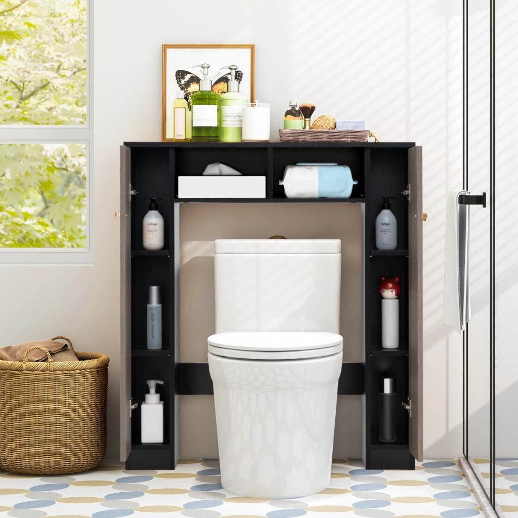 Scaffale sopra wc con doppia anta 2 scomparti aperti e 4 ripiani regolabili, Mobile a ponte per bagno Marrone