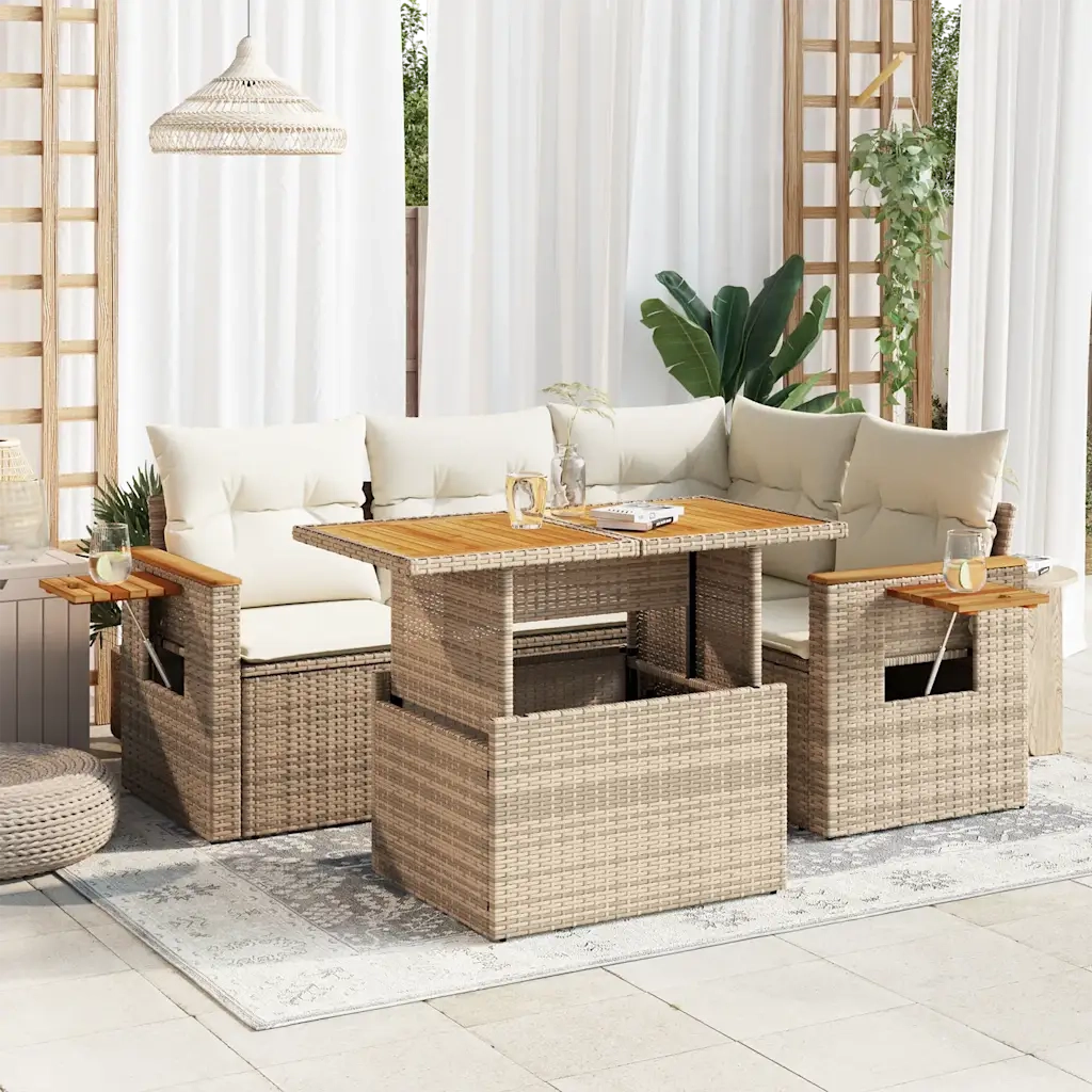 Set Divano da Giardino 5 pz con Cuscini Beige Polyrattan Acacia 3327593