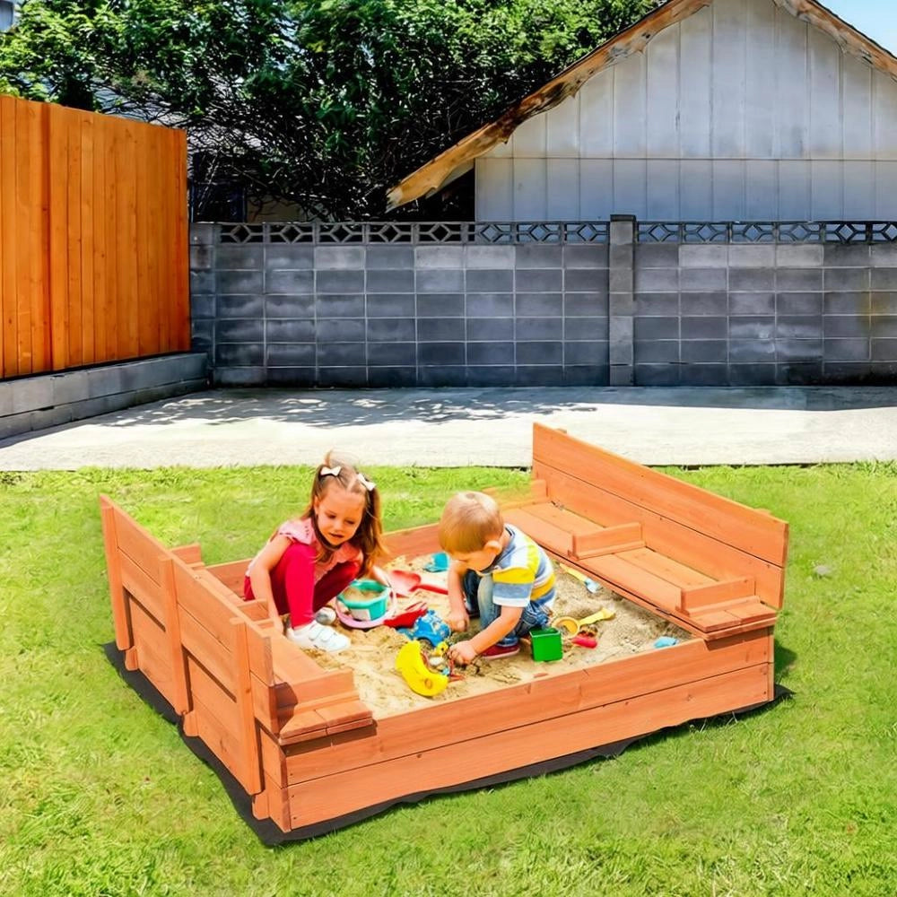 Sabbiera Legno 1330x1200x430mm Panche Pieghevoli Fondo Legno Naturale Cortile Spiaggia 3-12 Anni